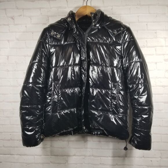 DELUC Tuscany Womens Puffer Jacket XS Black Shiny Hood Y2K Gorpcore‎ Lightweight - Picture 1 of 16